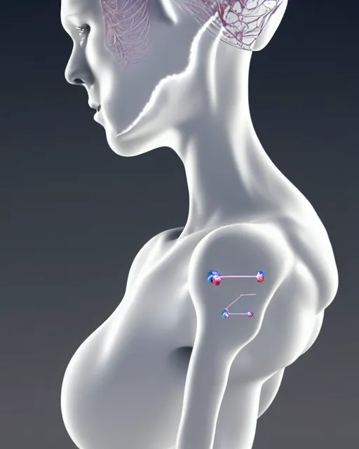 Image similar to 3D render of a beautiful profile face portrait of a young female angelic-extraterrestrial-cyborg face with a very long neck, big clear eyes, thin nose, big lips, hair floating in the wind, 150 mm, flowers, Mandelbrot fractal, anatomical, flesh, facial muscles, veins, arteries, full frame, microscopic, elegant, highly detailed, flesh ornate, elegant, high fashion, rim light, ray trace, octane render in the style of H.R. Giger Realistic, Refined, Digital Art, Pre-Raphaelite, Highly Detailed, Cinematic Lighting, rim light, black and white, photo-realistic Unreal Engine, 8K