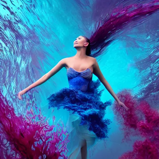 Image similar to woman dancing underwater wearing a flowing dress made of blue and magenta seaweed, delicate coral sea bottom, swirling silver fish, swirling smoke shapes, octane render, caustics lighting from above, cinematic