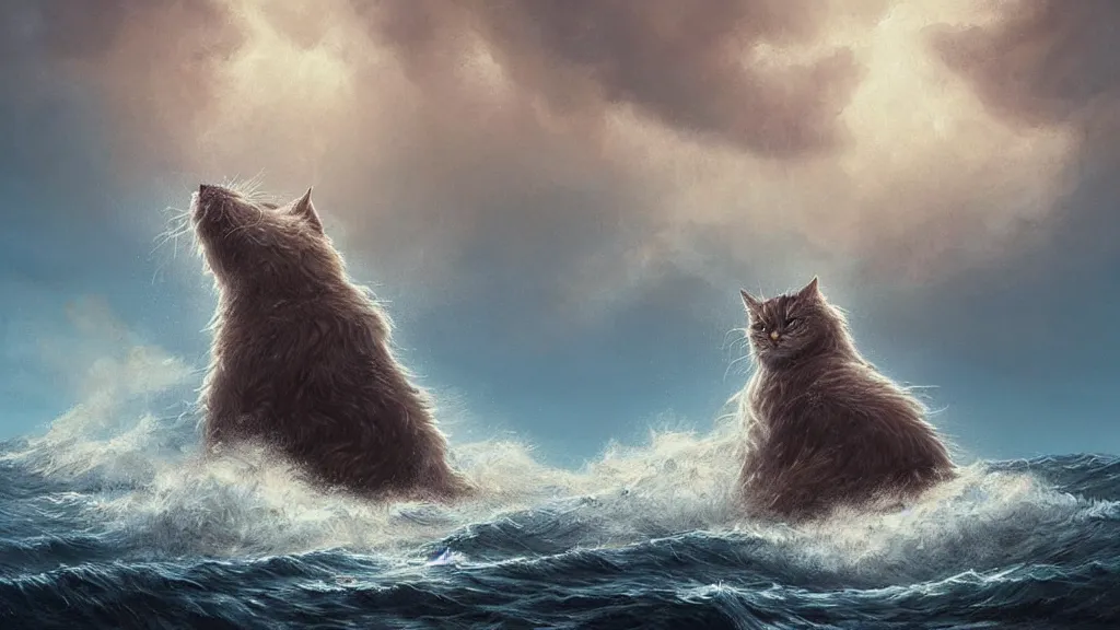 Image similar to a gigantic cat bursting out of a stormy sea attacking a small sail boat, wet fur, giant waves, sunbeams in background, intricate, detailed, volumetric lighting, sharp focus, scenery, photorealism, digital painting, highly detailed, concept art, by simon stalenhag and mark brooks