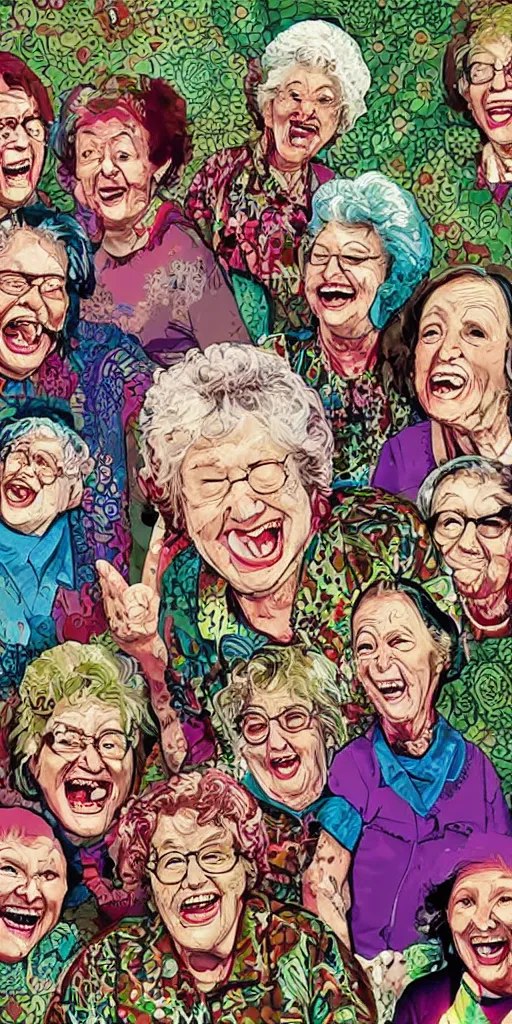 Image similar to laughing grandmas on acid in the house