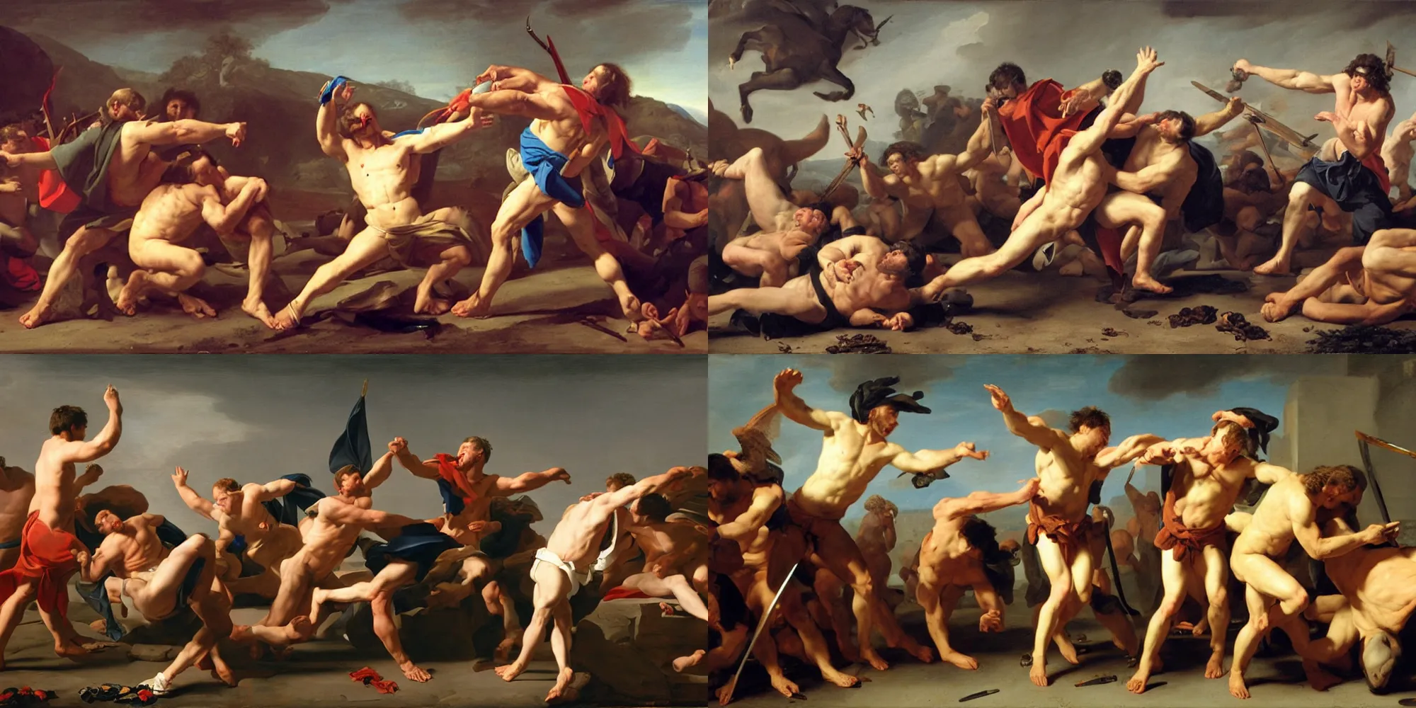 Prompt: alex jones defeating the devil in masculine hand-to-hand combat, painting by Jacques-Louis David, 8k photoscan