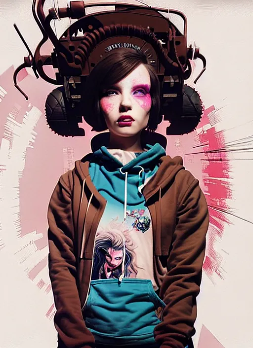 Prompt: highly detailed portrait of a sewer punk lady, blue eyes, tartan hoody, ringlet hair by atey ghailan, by greg rutkowski, by greg tocchini, by james gilleard, by joe fenton, by kaethe butcher, gradient pink, brown, light blue and white color scheme, grunge aesthetic!!! ( ( graffiti tag wall background ) )