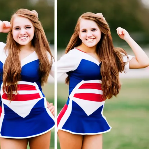 Prompt: a portrait photograph of a cute, spirited, over - achiever, 1 8 year - old american high school cheerleader. portrait canon 8 5 mm f 1. 2 photograph head and shoulders portrait