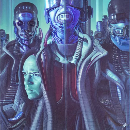 Prompt: frontal portrait of a cyberpunk gang, by wayne barlowe