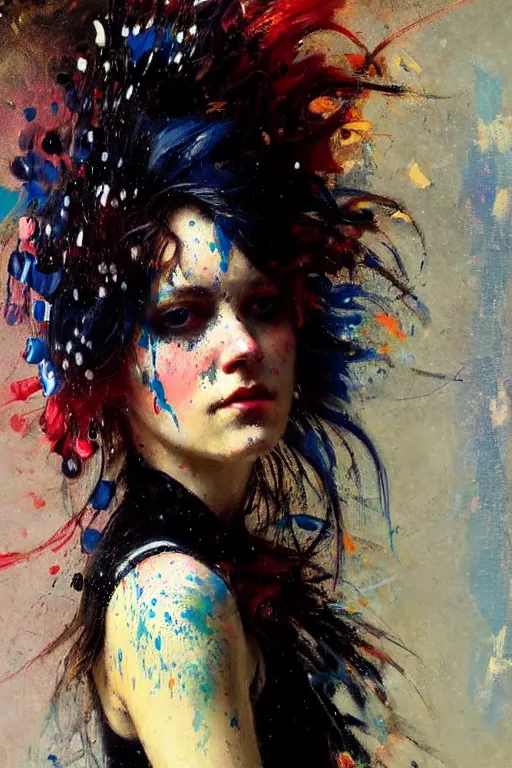Prompt: impressionist brushstrokes spatter drips!!!! solomon joseph solomon and richard schmid and jeremy lipking victorian loose genre loose painting full length portrait painting of a young beautiful woman punk rocker