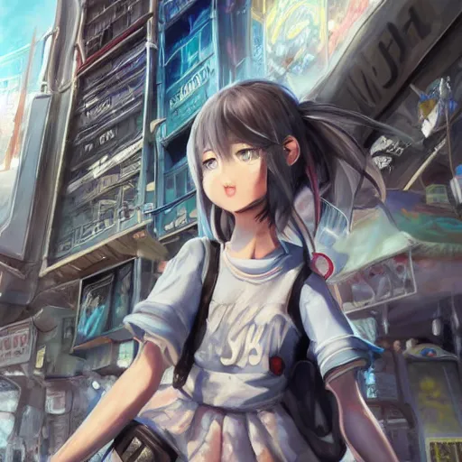 Image similar to dynamic composition, motion, ultra-detailed, incredibly detailed, a lot of details, amazing fine details and brush strokes, colorful and grayish palette, smooth, HD semirealistic anime CG concept art digital painting, watercolor oil painting of Clean and detailed post-cyberpunk sci-fi close-up schoolgirl in asian city in style of cytus and deemo, blue flame, relaxing, calm and mysterious vibes,, by a Chinese artist at ArtStation, by Huang Guangjian, Fenghua Zhong, Ruan Jia, Xin Jin and Wei Chang. Realistic artwork of a Chinese videogame, gradients, gentle an harmonic grayish colors. set in half-life 2, Matrix, GITS, Blade Runner, Neotokyo Source, Syndicate(2012), dynamic composition, beautiful with eerie vibes, very inspirational, very stylish, with gradients, surrealistic, dystopia, postapocalyptic vibes, depth of field, mist, rich cinematic atmosphere, perfect digital art, mystical journey in strange world