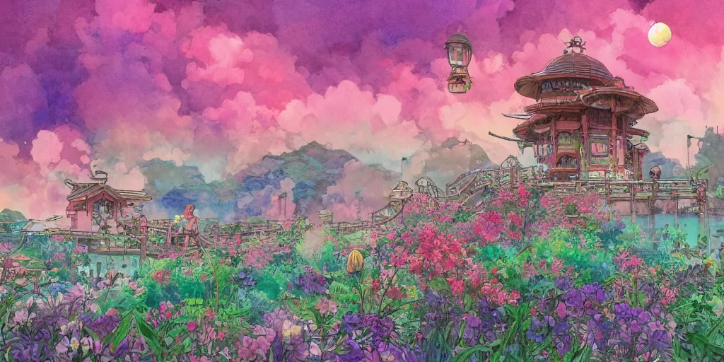 Image similar to bathhouse and nature, modern contemporary, lanterns. watercolor art, expansive cinematic view, volumetric shading, intricate and detailed, highly saturated colors. breath of the wild style, by hayao miyazaki ghibli!!!. pastel!! pink!! accents. trending on artstation. award winning