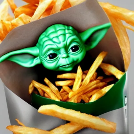 Image similar to baby yoda inside a bag of french fries