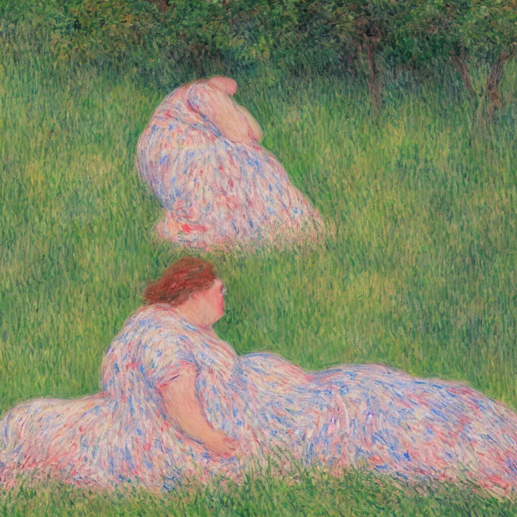 Prompt: a beautiful close up painting of a single beautiful fat woman wearing a floral dress resting in the grass of a shady green park full of trees in the style of Monet