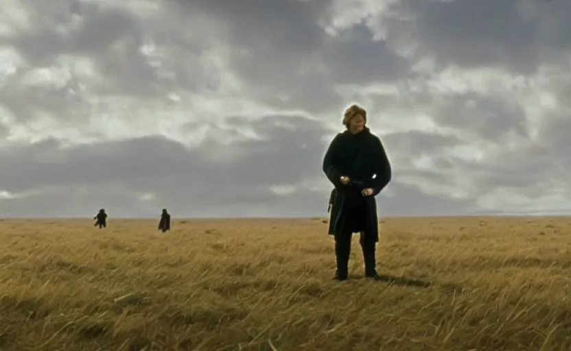 Image similar to screenshot portrait of Luke Skywalker on a windy field, with new jedi army behind him, iconic scene from 1980s film by Stanley Kubrick, last jedi, 4k HD, cinematic lighting, beautiful portrait of Mark Hammill, moody scene, stunning cinematography, anamorphic lenses, kodak color film stock