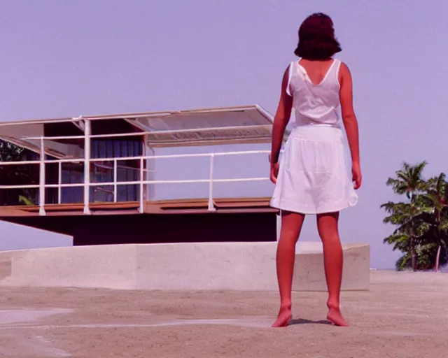 Prompt: a still of a young woman standing on a huge concrete white deck, high above the ground, of a minimalist beach house, outside view, low angle, clear sky and background, in the music video Wrapped Around your Finger (1983)