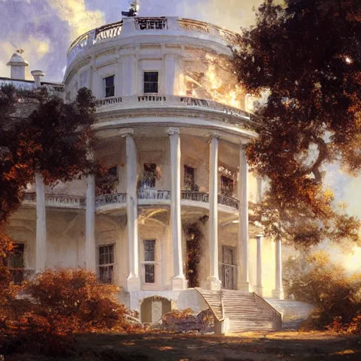 Image similar to detailed cinematic wide shot of the futuristic white house that is existing far in the future where humans evolved to be solarpunk, ultra realistic, spring light, painting by gaston bussiere, craig mullins, j. c. leyendecker