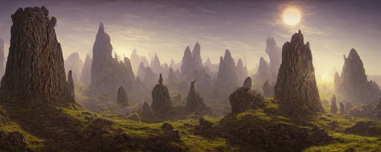 Prompt: A beautiful hyper realistic detailed matte painting of the old rock magic altar of ice in a montane grassland landscape at sunrise with huge ancient tower carved with runes ans magic symbols stands in the centre of composition, by John Howe and Andreas Rocha and Martin Johnson Heade and Albert Bierstadt, unreal engine, trending on artstation, barometric projection, rectilinear