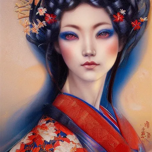 Prompt: a beautiful geisha manipulating water by karol bak, ayami kojima, artgerm, river, water, blue eyes, smile, concept art, fantasy