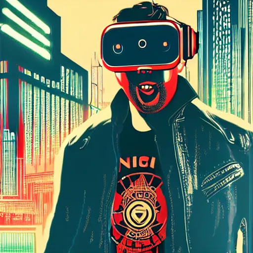 Prompt: Illustrated by Shepard Fairey and H.R. Geiger | Cyberpunk Nicolas Cage with VR helmet, surrounded by cables