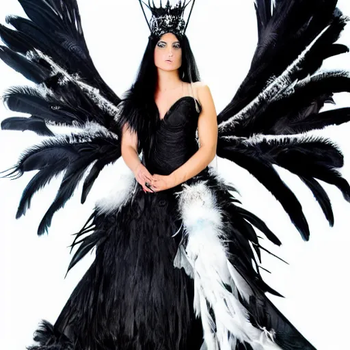 Image similar to Raven queen in a large raven-themed dress with feathers, high quality, portrait