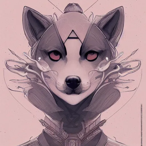 Image similar to shiba - warrior taro, heroine, beautiful, young, minimalist, detailed close - up portrait in the style of ross tran, marte gracia, and peter mohrbacher, comic book lineart