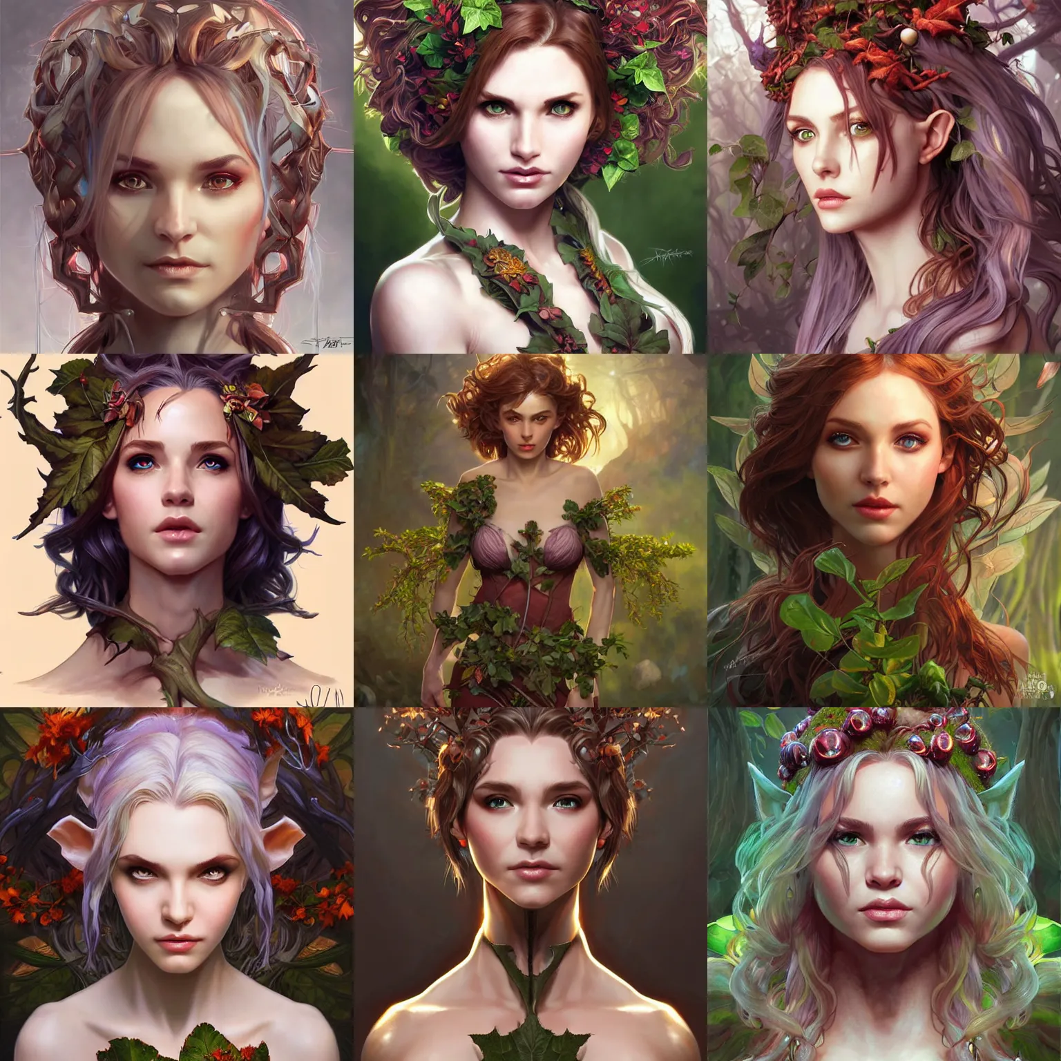 Prompt: character concept portrait, head-on centralized, elf dryad. Detailed, high quality, dynamic lightning, fantasy. Artwork by artgerm, WLOP, alex ross, greg rutknowski, Alphonse Mucha