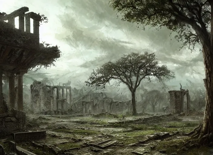 Prompt: oak tree growing in the ruins of a city, post - apocalypse wasteland, gray dull background, colorful green leaves, hyperrealistic, very detailed leaves, sharp focus, highly detailed, cinematic, ray of golden sunlight, digital art, soft lightning, muted colors, cgssociety, artstation, oil painting by greg rutkowski, by artgerm, by wlop