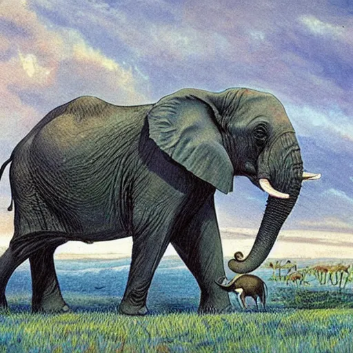 Prompt: Portrait of an elephant on a green meadow, Book for elementary school students, style Franklin Booth