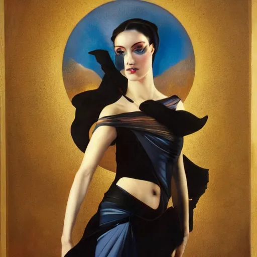 Prompt: dynamic composition, a painting of a woman with blue eyes and short black hair, a surrealist painting by Tom Bagshaw and Jacek Yerga and Tamara de Lempicka, featured on cgsociety, pop surrealism, surrealist, wiccan, pre-raphaelite, ornate gilded details