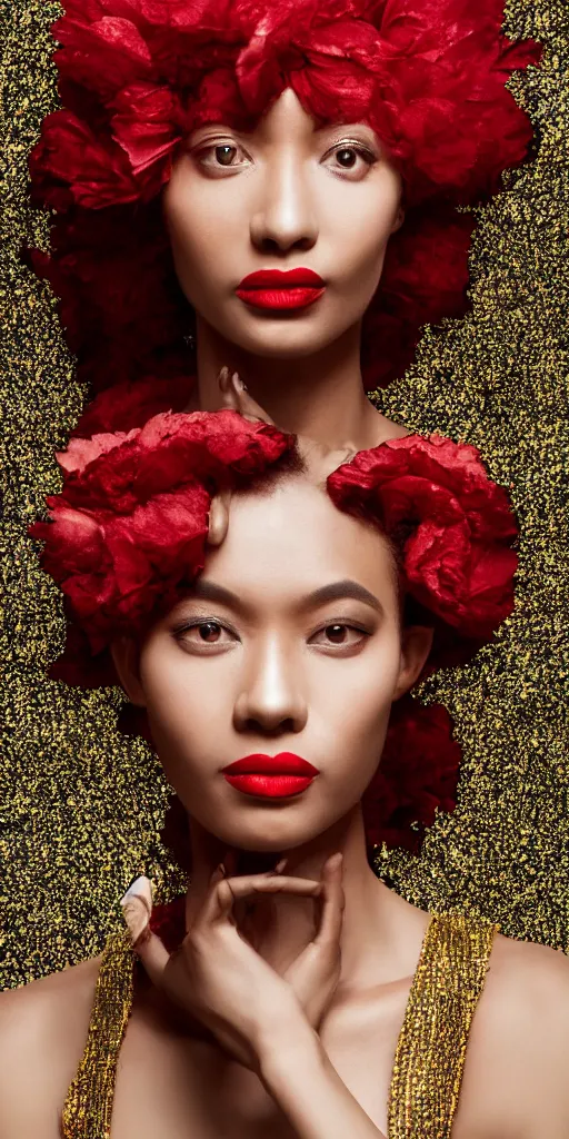 Image similar to Portrait of a European woman, black, close-up, high sharpness, zeiss lens, fashion photo shoot, peony flowers, red hair, red lipstick, in the background of gold, they have rhinestones on their face, Edward Buba, Annie Leibovitz and Steve McCurry, Leslie Zhang, David Lazar, Jimmy Nelsson, Eiko Hosoe, artistic, hyperrealistic, beautiful face, octane rendering