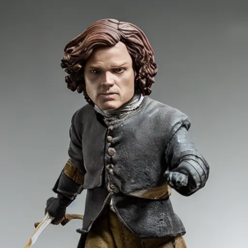 Prompt: photograph of a Jamie Fraser figure Made of clay 50 mm photo studio dramatic lighting