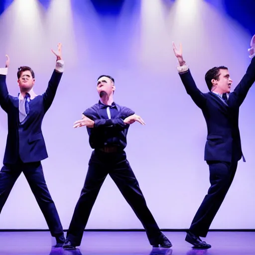 Image similar to award winning Production photo of Ben Shapiro the musical on broadway, dancing, singing, costumes by Julie Taymor, set design by Julie Taymor