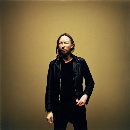 Image similar to Thom Yorke, Thom Yorke, with a beard and a black jacket, a portrait by John E. Berninger, dribble, neo-expressionism, uhd image, studio portrait, 1990s