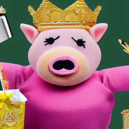 Image similar to cut obese pig wearing a gold crown as a Muppet eating out of a snack bags 8k