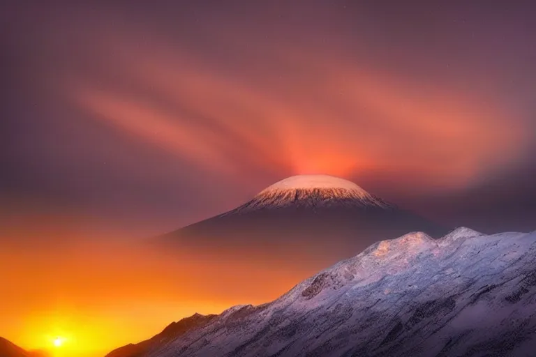 Image similar to amazing landscape photo of nuclear explosion in snowy mountains at sunset by marc adamus beautiful dramatic lighting