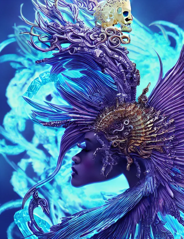 Prompt: goddess phoenix macro close - up portrait with crown made of ram skull. phoenix, betta fish, jellyfish, bioluminiscent, plasma, ice, water, wind, creature, super intricate ornaments artwork by tooth wu and wlop and beeple and greg rutkowski