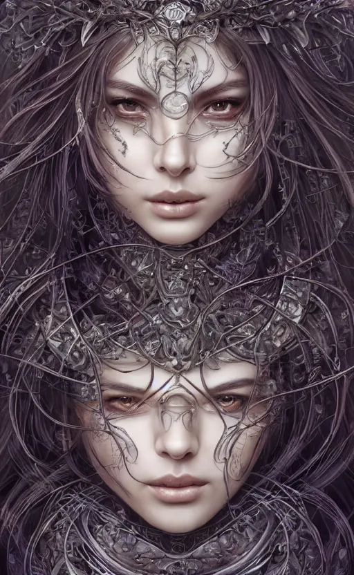 Image similar to a professional portrait of a beautiful young female, clothed in ethereal battle armor, olive skin, long dark hair, beautiful bone structure, symmetrical facial features, deep forest psytrance Neo-Gothic concept, infinity glyph waves, intricate artwork masterpiece, very coherent artwork, cinematic, full frontal facial features by Artgerm, Takato Yamamoto, Zdizslaw Beksinski, Johnatan Wayshak, Moebius, Ayami Kojima, very coherent artwork, trending on cgsociety, ultra high quality model, production quality cinema model, high detail chromatic ink outline, octane render, unreal engine 8k, hyper realism, high detail, octane render, unreal engine, 8k, High contrast