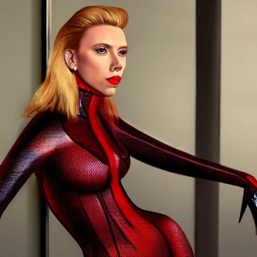 Image similar to fashion photo blonde scarlett johansson with six arms as a spider villian in cleveland, character concept, character full body portrait