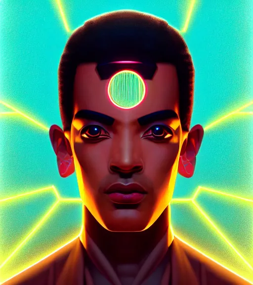 Image similar to symmetry!! egyptian god of technology, solid cube of light, hard edges, product render retro - futuristic poster scifi, lasers and neon circuits, brown skin handsome egyptian god, intricate, elegant, highly detailed, digital painting, artstation, concept art, smooth, sharp focus, illustration, dreamlike, art by artgerm