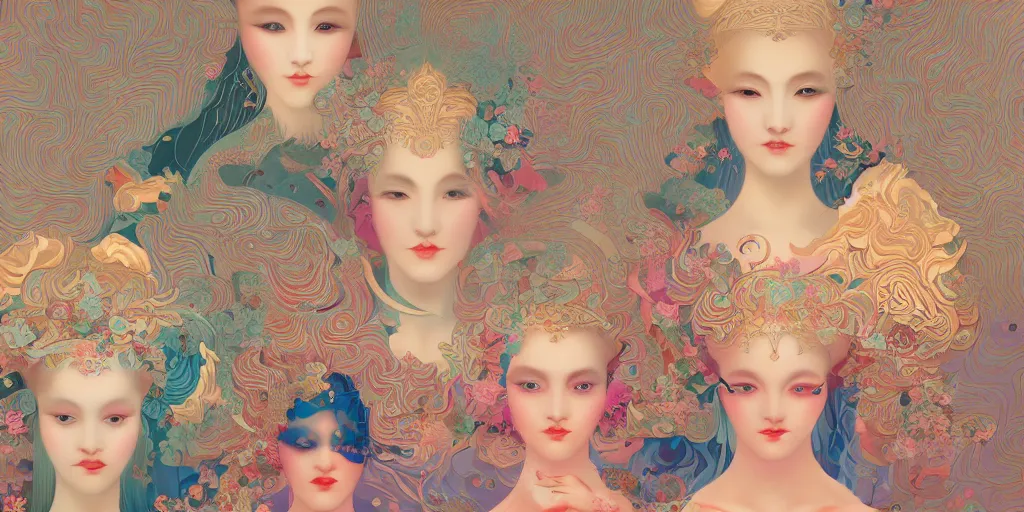 Prompt: breathtaking detailed concept art painting art deco pattern of blonde faces goddesses by hsiao - ron cheng, amalgamation flowers, bizarre compositions, kaleidoscope, exquisite detail, 8 k