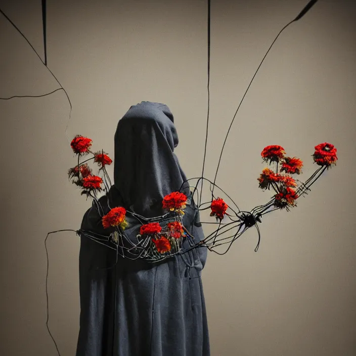 Image similar to a woman wearing a hood made of wire and zinnias, in an abandoned office building, by vincent desiderio, canon eos c 3 0 0, ƒ 1. 8, 3 5 mm, 8 k, medium - format print