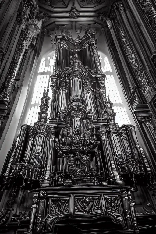 Prompt: a pipe organ made of smoke and mirrors by alexei savrasov, low angle, dramatic lighting, high detail and high contrast