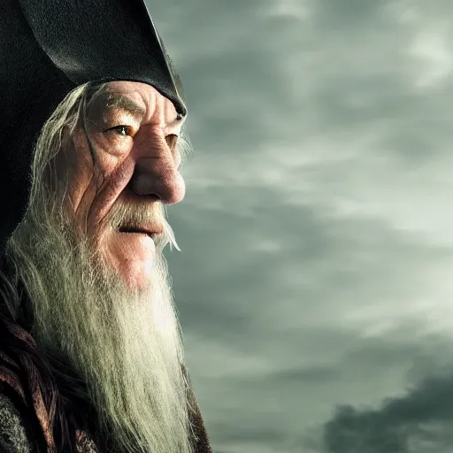 Image similar to the evil ian mckellen smothin on an anvil as gandalf in a dark viking hood playing odin all father from the thor movie crafting a neural network with synapses on am anvil, highly detailed, cinematic shot, cinematic lighting, 8 k, exquisit facial detail