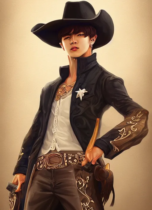 Prompt: a highly detailed illustration of bts v as focused cowboy wearing black cowboy hat, dramatic wielding gun pose, perfect face, intricate, elegant, highly detailed, centered, digital painting, artstation, concept art, smooth, sharp focus, league of legends concept art, wlop