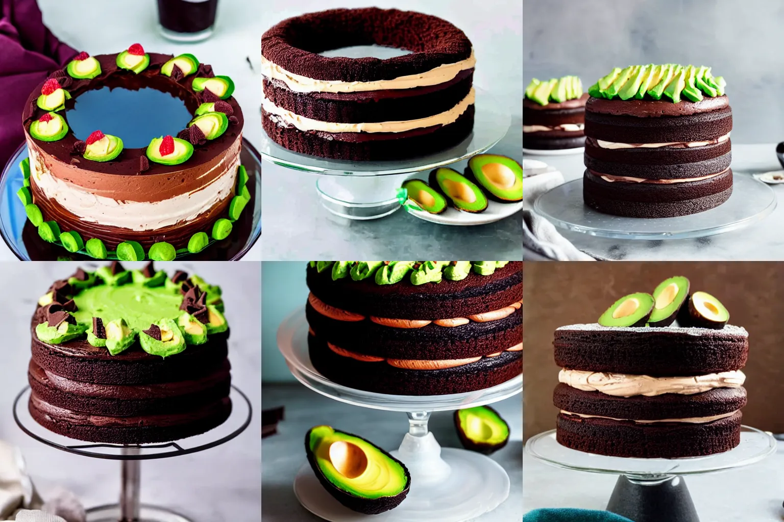 Prompt: quadruple layer chocolate cake on a fancy glass stand garnished with pieces of avocado