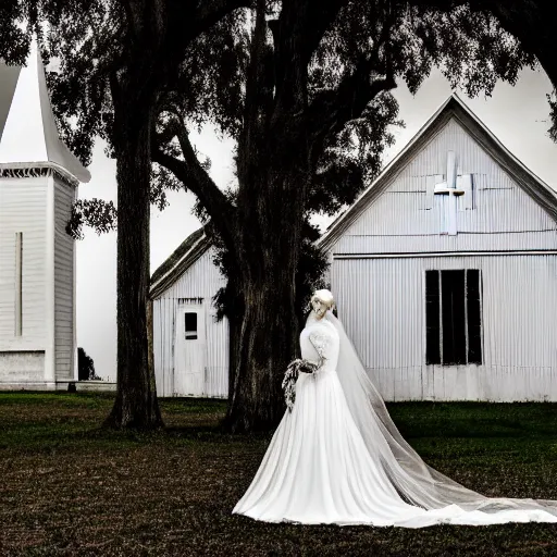 Image similar to picture of ghostly bride in front of an old wooden white church, 1 9 th century southern gothic scene, taken by calatrava, santiago