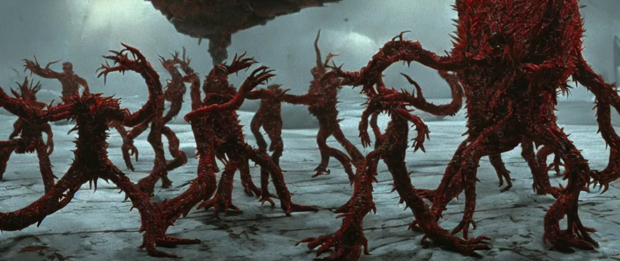 Prompt: filmic extreme wide shot dutch angle movie still 4k UHD interior 35mm film color photograph of a dozen soldiers mangled and stabbed by a dangerous horrifying shape-shifting abstract looking organism from The Thing 1982, in the style of a 1980s horror film