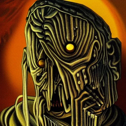 Prompt: a surreal scary painting of creepy pasta man by H. G. Wells and H.R. Giger, fantasy, sci-fi, detailed