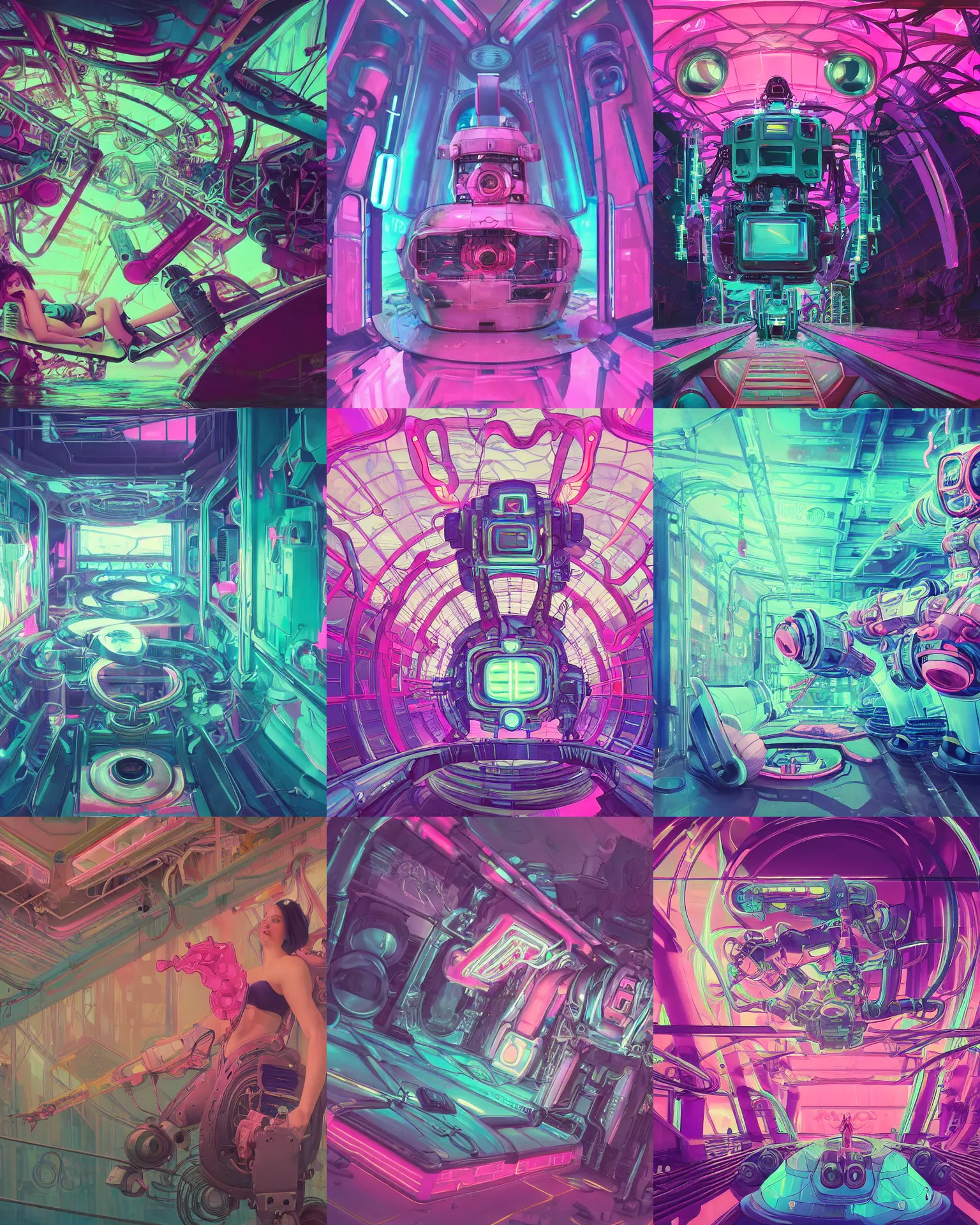 Prompt: the inside of a the inside of a seapunk Mecha's stomach fuel tank flooded with pink water up to waist height, stomach vibes, cinematic lighting, walls lined with neon tube lights, cinematic lighting, walls lined with neon tube lights, vaporwave , digital art, artstation, by WLOP, Ilya repin, alphonse mucha. Dynamic perspective mouth, Very highly detailed 8K, octane, Digital painting, the golden ratio, rational painting