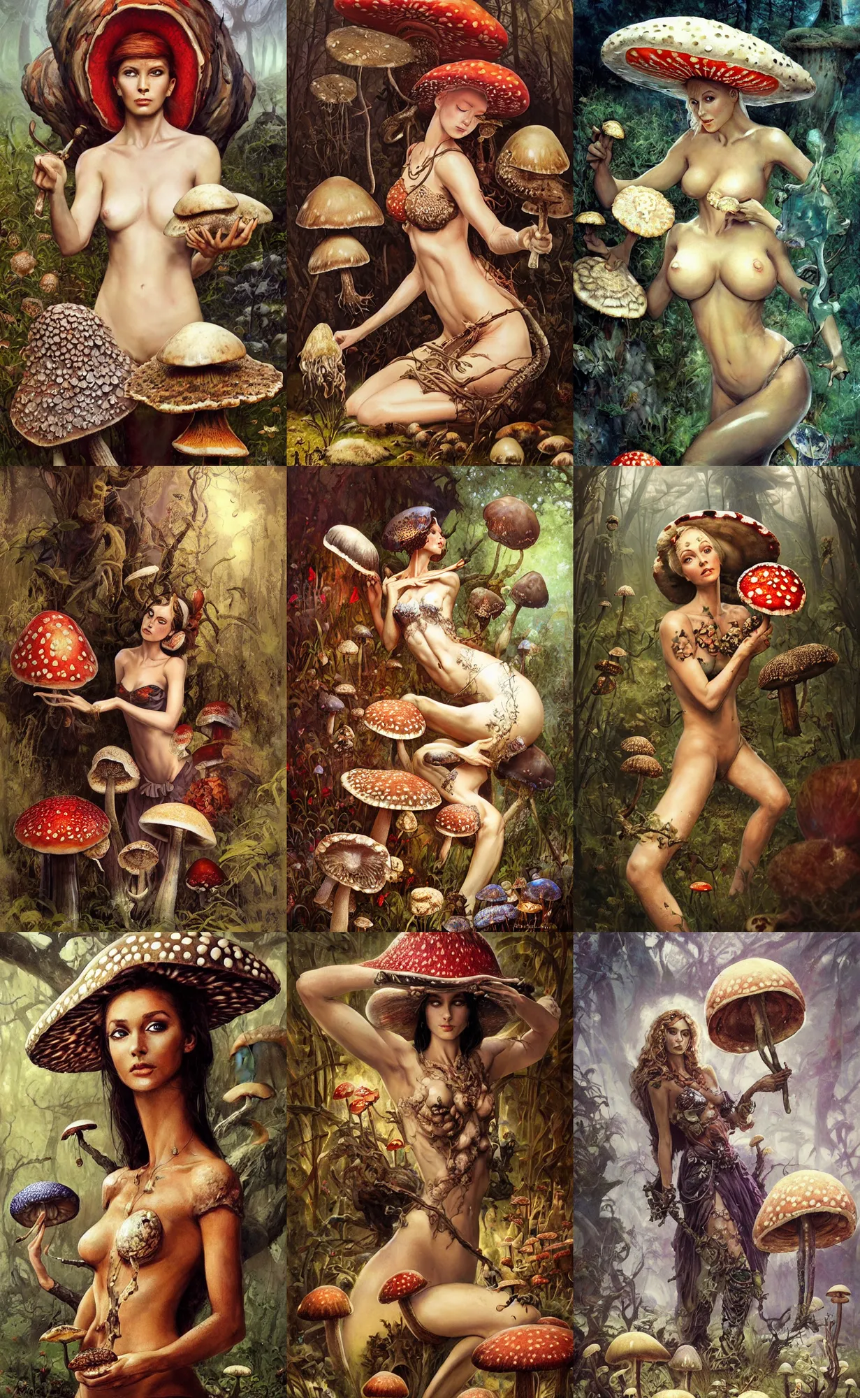 Prompt: A mixed media portrait painting of a beautiful mycologist woman tending her amanita muscaria mushrooms, detailed Aesthetic! face and eyes, slavic, by Frank Frazetta, Greg Rutkowski, Boris Vallejo, Christian MacNevin, epic fantasy character art, high fantasy, CGsociety, full length, exquisite detail, post-processing, masterpiece, cinematic