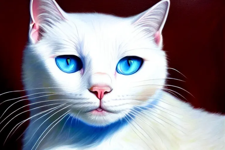 Image similar to an epic professional oil painting of a white cat with blue eyes, epic, stunning, gorgeous, intricate detail, much wow, 4K, masterpiece,
