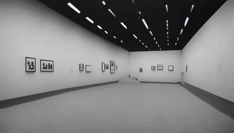 Prompt: 60s movie still of a sovietic stalinist style empty art museum with a soviet congress with yellow wall, LOMOGRAPHY ORCA 100 B&W (110), liminal Space style, heavy grain