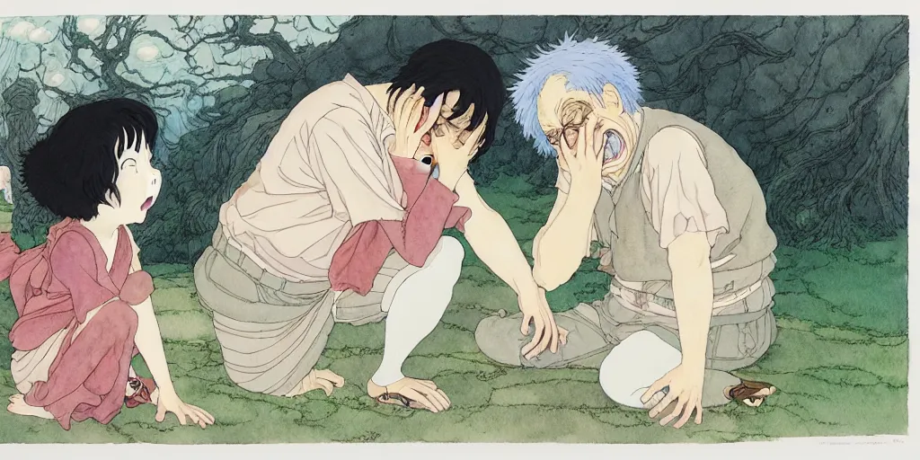 Image similar to a hyperrealist studio ghibli watercolor fantasy concept art of todd solondz crying. by rebecca guay, michael kaluta, charles vess