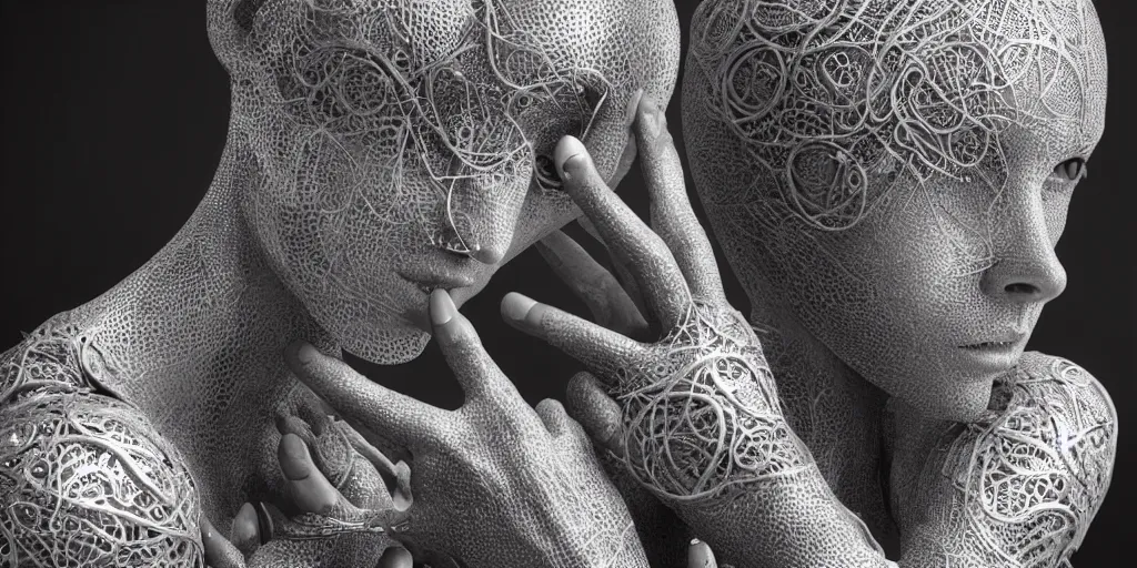 Prompt: hyper realistic photography of a beautiful cyborg androgynous humanoid, holding close, holding sphere, affectionately, intricate filigree, in the style of beth cavener, jin kagetsu, wlop, highly detailed, symmetry, masterpiece, concept art, ringflash, highkey lighting, ambient lighting, octane render, 8 k, artstation